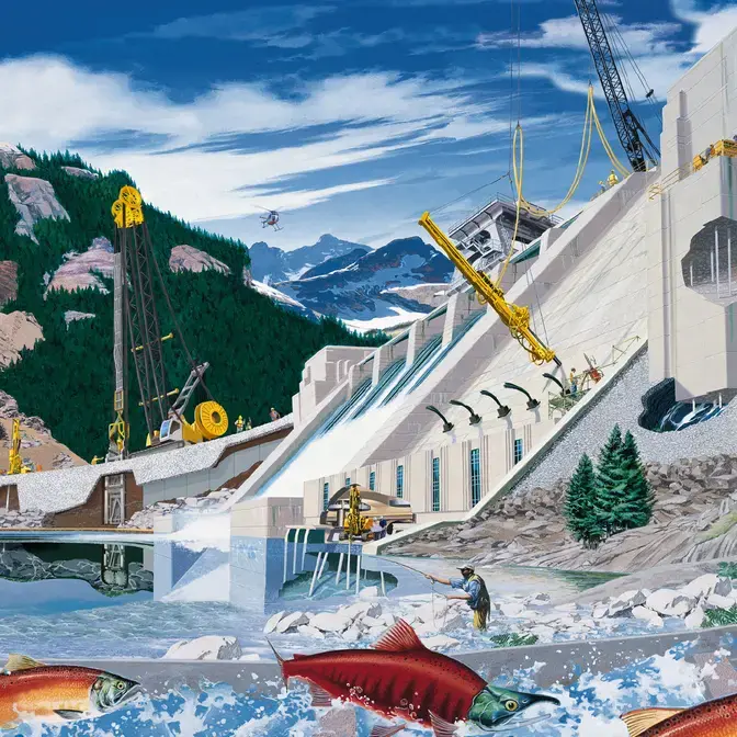 illustration of work on a dam