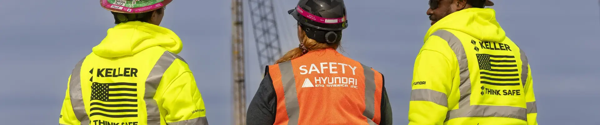 Three people on construction site