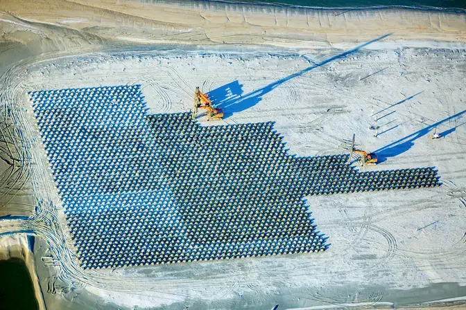 An aerial view of wick drains being installed at Craney Island.