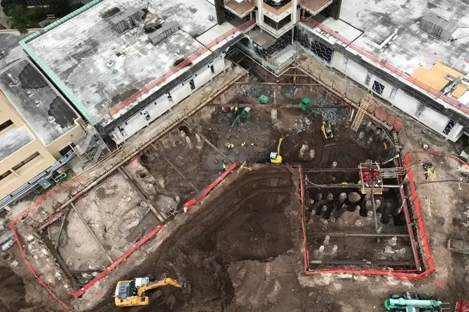 Aerial of the excavation support and heavy foundations at St Joseph’s Hospital Inpatient Tower