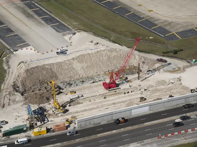 An aerial view of the drilled shafts being installed at the Tampa International Airport.