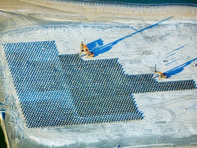 An aerial view of wick drains being installed at Craney Island.
