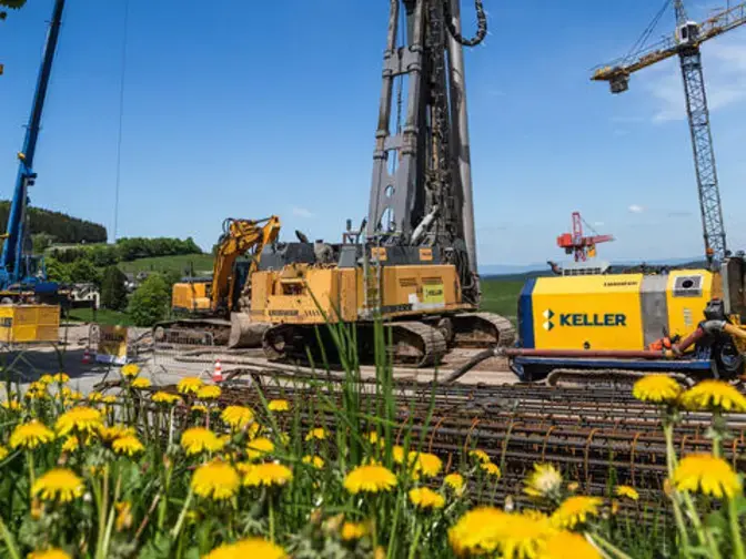 Two rigs working with dandelions in the foreground