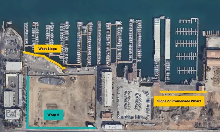 aerial of marina and marked construction areas