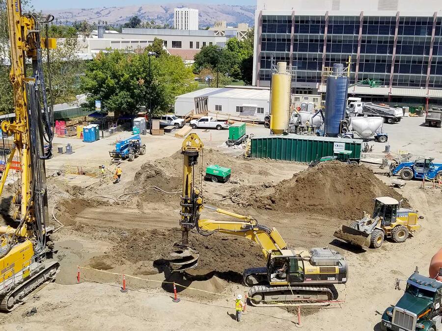 Dry soil mixing being performed at San Jose State University