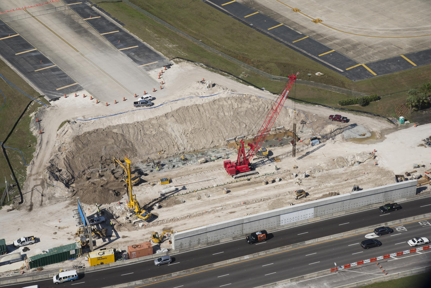 An aerial view of the drilled shafts being installed at the Tampa International Airport.