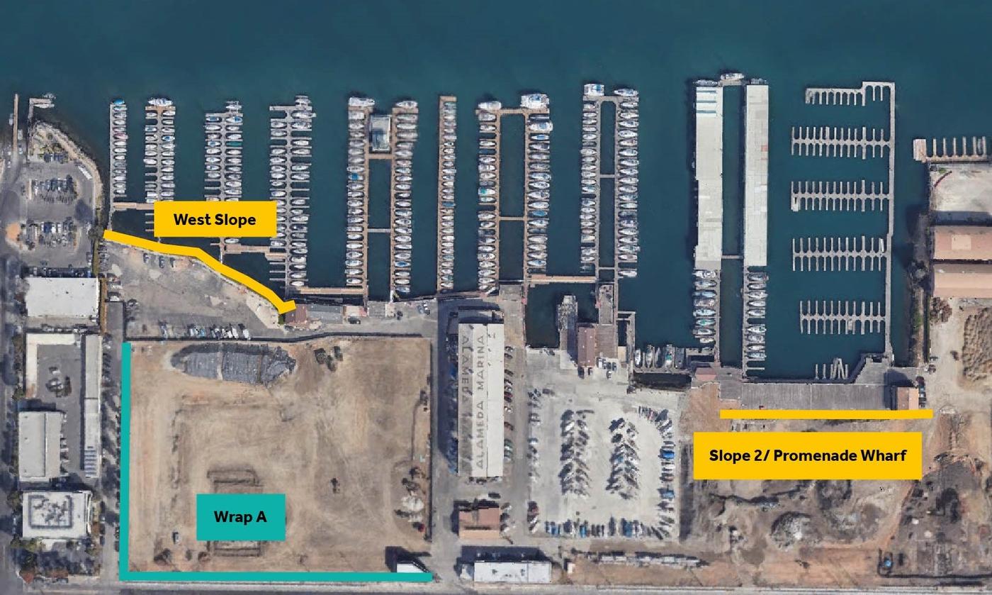 aerial of marina and marked construction areas