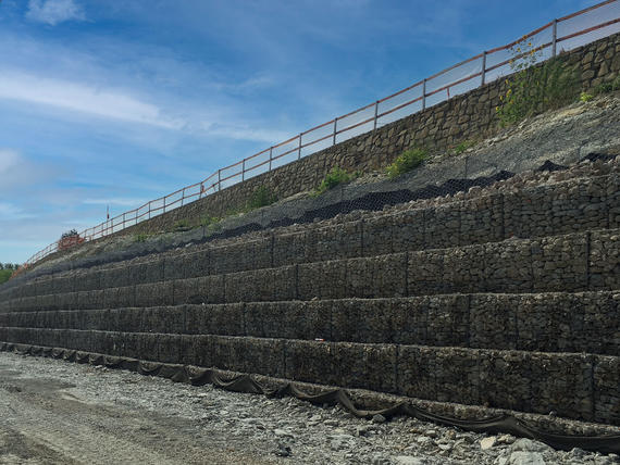 Completed gabion wall at Routh Creek Bank.