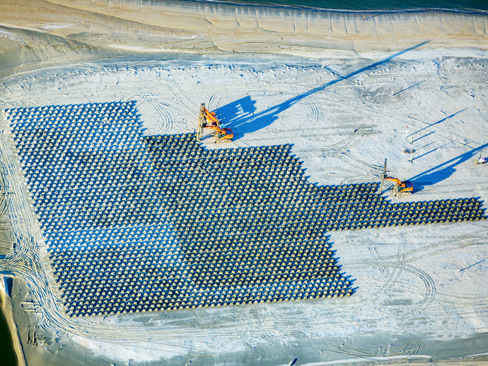 An aerial view of wick drains being installed at Craney Island.