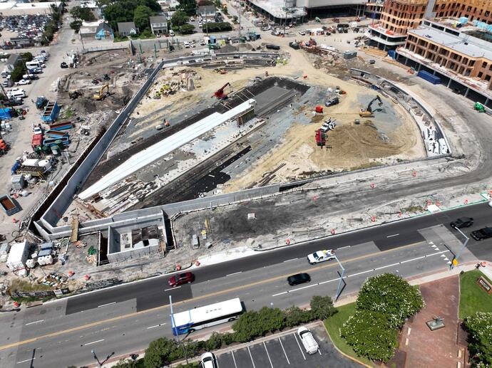 aerial view of a triangular construction site