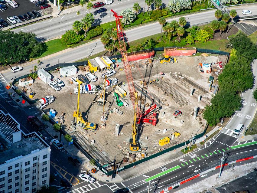 An aerial view of the installation of drilled shafts