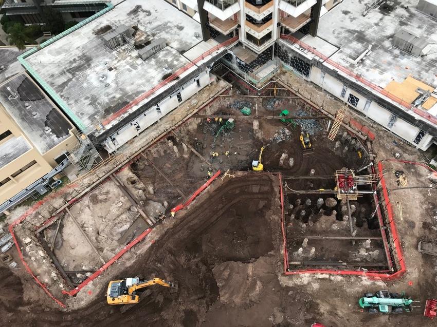 Aerial of the excavation support and heavy foundations at St Joseph’s Hospital Inpatient Tower