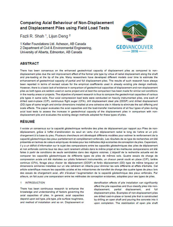 Comparing axial behaviour of non displacement and displacement piles using field load testing